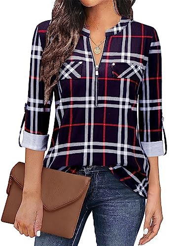 Siddhe Damen V-Ausschnitt Bluse 3/4 Ärmel Tunika mit Reißverschluss Elegant Longbluse Lange Shirt Casual Langarm Top Shirt Oberteil