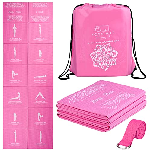 Tapis de yoga pliable pour les femmes,tapis d'exercice antidérapant pour la salle de sport à la maison,ensemble de yoga de voyage avec sangle d'étirement pour Yoga Pilates et fitness,173x61x5mm épais