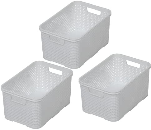 BranQ - Home essential - Cesta en diseño de ratán, juego de 3 unidades, tamaño S, 7 L, sin bisfenol A, plástico polipropileno, blanco, 28.5 x 19.5 x 12.9 cm