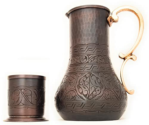 DEDE Copper - Serie KBS - Jarra de 45 onzas y taza de 7 onzas, hecha a mano de cobre sólido puro grabado y martillado, jarra de cóctel Moscow Mule, jarra de agua de escritorio/mesita de noche y vaso