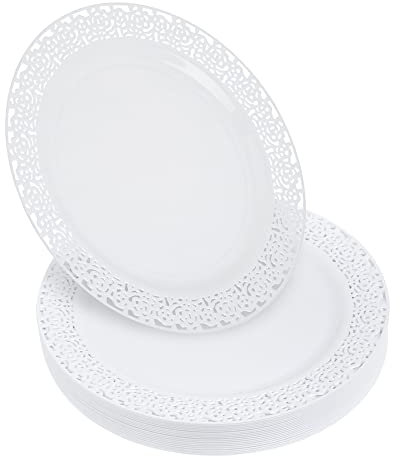 STACKABLES - Lot de 20 assiettes en plastique dur avec bordure ronde en dentelle blanche - Multifonctions et réutilisables - Assiettes de 25,4 cm