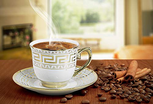 Bavary Porzellan Espressotassen Set Mokka Tassen für 6 Personen Weiß-Gold13Tlg Coffee Tassen Latte Cappuccino Metallständer Medusa Mäander Versac Style 6X Tassen + 6 x Untertassen, Silber, 2151