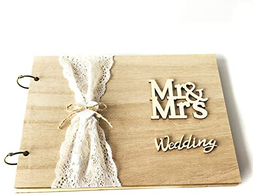 Duories Hochzeit Gästebuch Holz Hochzeitsbuch Hochzeitsgästebuch Vintage DIY Hochzeitsalbum Mr & Mrs Gästebuch Geburtstag Holzcover mit Spitze Fotobuch Hochzeit 27x19x1.5cm, 10 Seiten