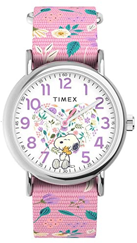 Timex TW2V77800 Weekender x Peanuts in Bloom Damen-Armbanduhr, 38 mm, rosafarbenes Stoffarmband