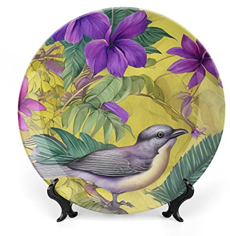 Gokays Decorative Plates, Tropical Purple Flower & Bird Ceramic Dinner Plate Home Wobble-Plate with Display Stand, Wall Hanging Decor for Living Dining Room Kitchen Household 6 Inch