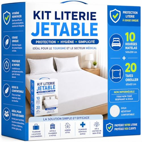 Kit Protection Literie Jetable | 10 Housses Matelas 140x200 cm + 20 Taies d’Oreiller 60x60 | Non Imperméable | Hygiène & Confort | Housse Matelas Usage Unique | Idéal Courts Séjours