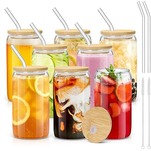 sungwoo Vasos de vidrio con tapas de bambú y popotes, taza de café helado de 16 onzas, juego de tazas de alta calidad con tapas de madera, vasos de vidrio esenciales para el hogar para cerveza,