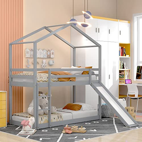 MYBOO Kinderbett Hausbett, Niedriges Etagenbett mit Rutsche, Massivholz-Etagenbettrahmen mit Lattenrost 90 x 200 cm, Grau