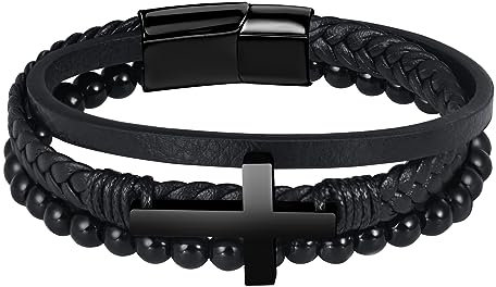 Feilok Kreuz Perle Armband Herren Leder Armband Naturstein Geflochtenes Leder Armreif Wickelarmband Manschette mit Magnetverschluss