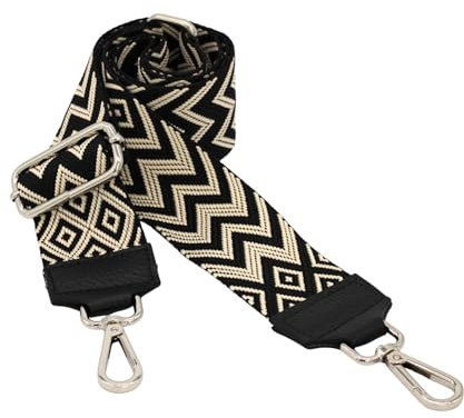 BRISE Taschengurt für Damen & Herren, 5cm Breiter Schultergurt, Verstellbarer 80-130 cm Taschenriemen aus Polyesterstoff und Leder, Stylischer Riemen mit 360 Drehbarer Kopf (Zickzack - Schwarz)