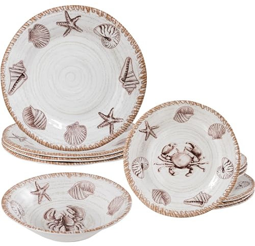 ZAROCRUS Juego de vajilla de melamina, 12 piezas con temática oceánica rústica para exteriores, juego de vajilla para patio, vajilla de platos costeros de granja, juego de 4, ideal para cámper,
