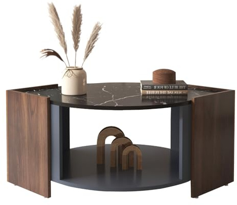 I0I&I0I Table basse, design élégant en marbre et noyer, table de salon - Couleurs contrastées (noir et bois)