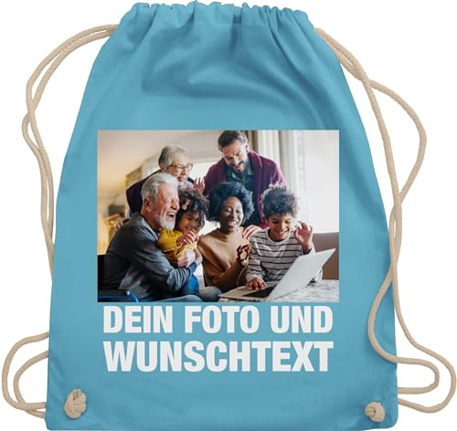 Turnbeutel Rucksack - Geschenk mit Bild I eigenem Foto I Name I eigener Text I Wunschtext - Unisize - Hellblau - kinder kita wechselkleidung beutel selbst drucken diy stoffbeutel