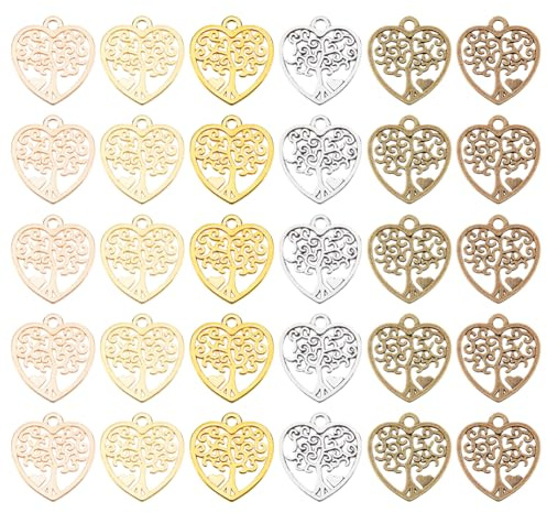SUNNYCLUE Scatola 60 Pezzi 6 Colori Cuore Albero Della Vita Ciondoli Piccoli Albero Lega Bronzo Oro Argento Pianta Fortunata Amore Fascino per Creazione di Gioielli