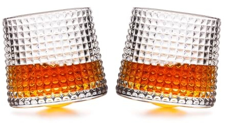 Beyond Happy Bicchieri ribaltabili in vetro spesso, design inclinabile, per whisky, liquore, rum (vetro borosilicato resistente, confezione da due)
