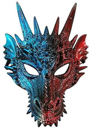Aymzbd 3D Drachenmaske, Drachenkopfmaske, Realistische Requisiten, 3D Halloween Maskerade Maske, Tierkopfschmuck Maske für Kostüm, Halloween, Festival, Cospl, Blau Rot