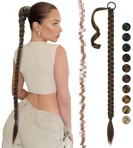 FESHFEN Lunga Coda Capelli Extension, 85 cm Treccia Lunga Coda Finta Capelli Posticci per Coda con Elastico Balayage Lunghi Ponytail Extension per Donne, Marrone Highlighted Castano Chiaro