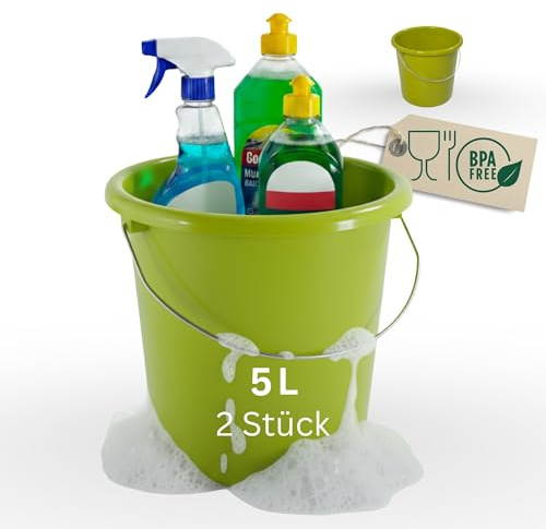 Novaliv 2 Stück Eimer 5L Grün mit Maßeinteilung - Putzeimer 5 Liter ? 22,5 cm Praktischer Allrounder mit Skala für Haushalt & Garten ideal als Haushaltseimer, Wassereimer, Wischeimer, Bucket