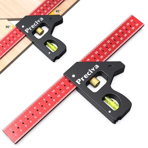 Combination Set Square, Preciva Carpenter Engineer Marking Gauge 45/90 Degrees with Bubble Level, Adjustable Carpenters Square Woodworking Rule, 12inch/300mm Measuring Tool