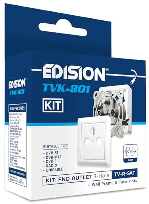 EDISION Antenna Socket Satellite TVK-801 Kit: End Socket Stich TV-R-SAT Flush-Mounted/Surface-Mounted 3-Hole Including Cover and Surface-Mounted Frame, DVB-S2, Unicable, DVB-T/T2, DVB-C, Radio, FM,