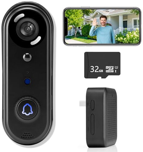 Wireless Doorbell Camera 1080P, No Monthly Fee,Video Doorbell with Chime,32GB SD/Cloud Storage, Night Vision, Motion Detection,2 Way Audio, IP66 Weatherproof, Real Time Alert (J2)