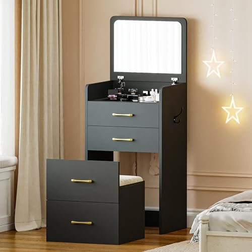 Gurexl 3 in 1 Schminktisch mit Stühle und Klappspiegel für Mädchen,Schwarz | schminktisch klein mit 3 Schubladen,Gepolstertes Werkzeug, Frisiertisch mit sichtbarer Glasplatte und 3 Schubladen