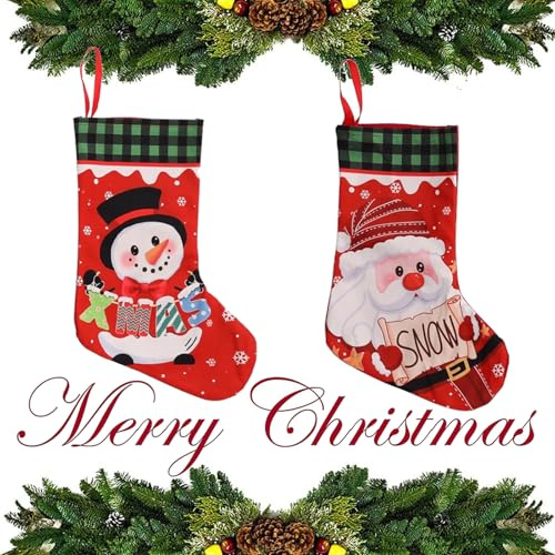 XTAIQD Christmas Stocking Set of 2,Large Santa Stocking,14 Personalised Xmas Stockings for Kid Adults,Xmas Holiday Santa Claus and Snowman Stocking Holder for Christmas Tree Home Party Decor