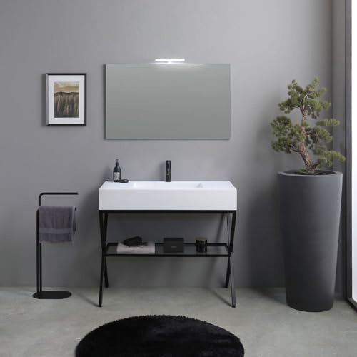 Kiamami Valentina Mobile Bagno A Terra 100 Cm Stile Industriale Manchester | Struttura in metallo nero, lavabo bianco in resina, mensola in vetro, specchio 100x60 cm incluso