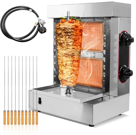 StoveIn Máquina de Parrilla Shawarma Profesional de 2 Quemadores, Asador para Kebabs, Giroscopios y Tacos Al Pastor, Incluye 10 Pinchos de Acero Inoxidable de