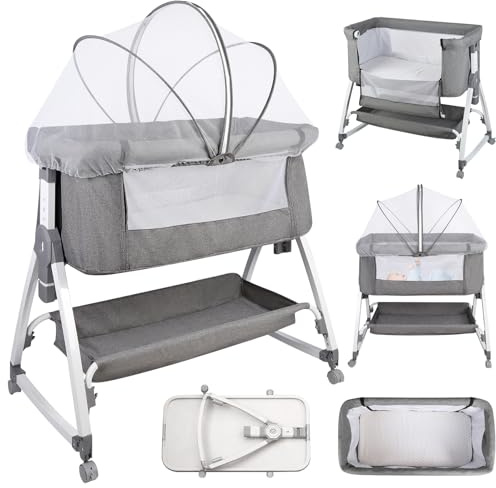 OHMG Cuna de bebé 4 en 1 con colchón, correas de fijación y ruedas, ajustable en altura, cuna para colecho, fácilmente plegable para niños