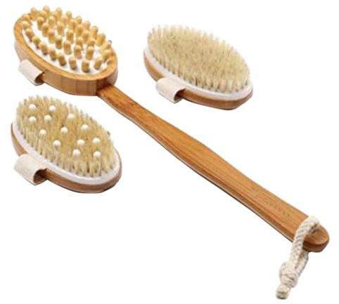 Massagegerät mit Langem Griff aus Bambus, 3 Bürsten | Abnehmbarer Stiel, Trockenbürsten Satz für Körper, Peeling und Reinigungsbürste