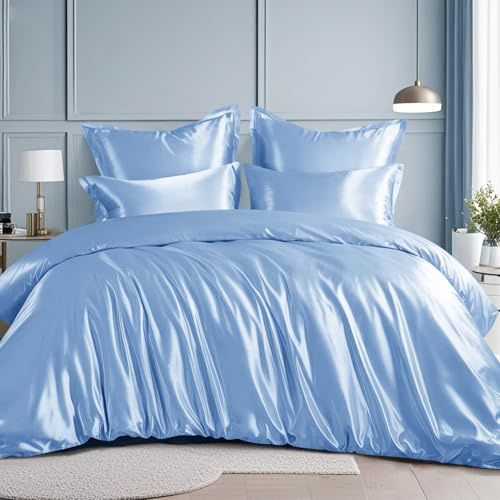 Ruikasi, set biancheria da letto in satin 200 x 220 cm, blu - Lenzuolo con brillantezza simile alla seta, set biancheria da letto chiaro per capelli e pelle, biancheria da letto lucida 200 x 220 cm