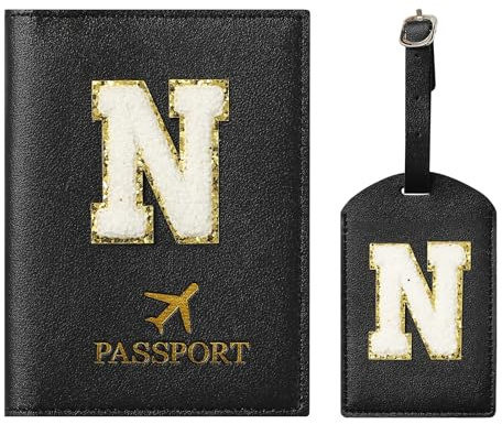 ZVRSUA - Housse de passeport et étiquettes de bagages avec lettres et badges, personnalisées, accessoire pour bagages de voyage, cadeau très mignon pour femmes, adolescents, filles, Noir , 14.5cm