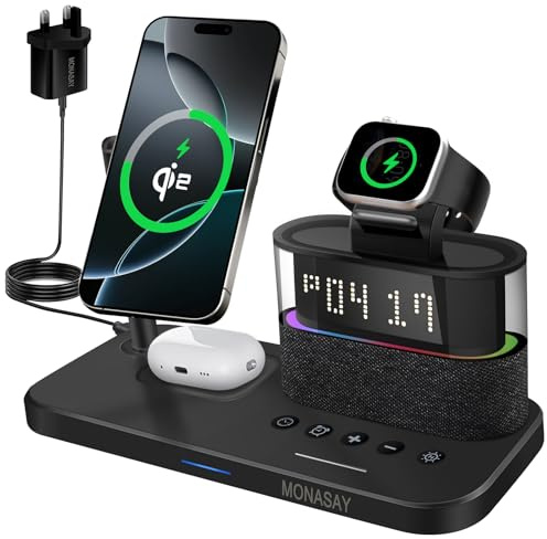 MONASAY Wireless Charging Station Qi2 5 in 1, 23W Wireless Charger with Alarm Clock for Multiple Devices, Magnetic Charger Stand for iPhone 17/16/15/14/13 Series and AirPods,Apple Watch Series, Black