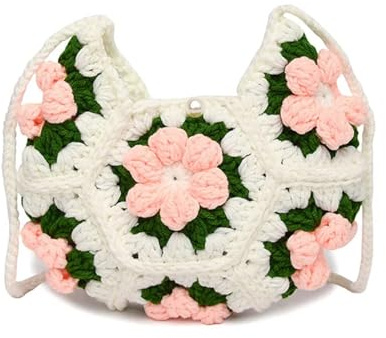 JTKSSCS Borsa Uncinetto Borsa a Tracolla Monospalla con Fiore gonfio Tridimensionale, a Mezzaluna, Realizzata a Mano(White)