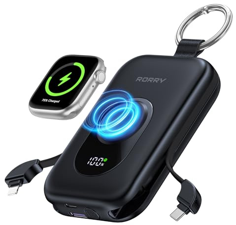 RORRY Portable Charger, 20000mAh PD 30W Portable Charger Power Bank with 2 Built-in Cables, Super Fast Charging Battery Pack with Keychain, Travel Essentials for iPhone, Apple Watch, iPad, Black