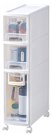 3 Tier Slim Storage Cart for Small Spaces White Plastic Cabinet with Drawers Perfect for Beside Fridge and in Small Bathrooms 6.3in Width