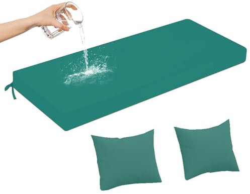 AmphaDeco Gartenbankkissen für 2 3 4-Sitzer Wasserdicht mit 2 Kissen, 3 cm Dick rutschfest Bankkissen Bankauflage für den Außenbereich mit Riemen, Ersatzpolster für Terrassenmöbel,Dark Green,200x40cm