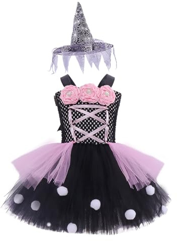 IDOPIP Deguisement Sorciere Fille Costume Halloween Enfant: Deguisement Halloween Fille Robe Noir Rose Tulle avec Chapeau 2 Pièces - Robe Princesse pour Carnaval Cosplay Party