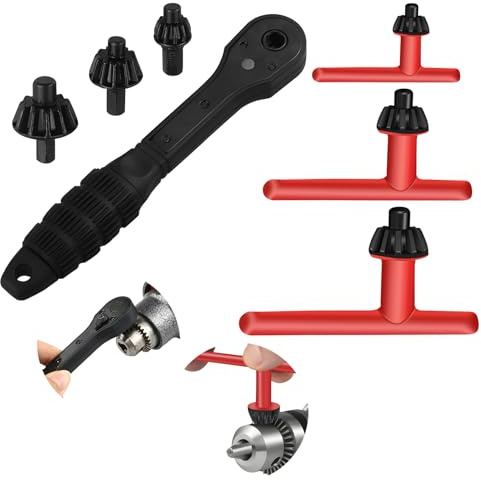 Juego de llaves de carraca para portabrocas – Mango de cabeza única 2 en 1 con 3 cabezales intercambiables (1,5-10 mm, 1,5-13 mm, 3-16 mm) + 3 llaves de prensa (3/8 pulgadas, 1/2 pulgada, 5/8 pulgadas