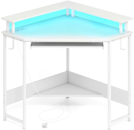 COSTWAY Escritorio Esquinero con Estación de Carga, 80 x 88cm, Mesa Escritorio L con LED, Estante, Bandeja de Teclado y Soporte de Monitor, Oficina Dormitorio, Espacios Pequeños (Blanco)