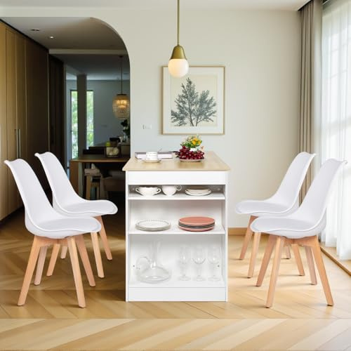 EGGREE Esstisch mit 4 Stühlen Essgruppe, Bartisch Set, Schreibtisch mit AC-Steckdosen und USB-Anschlüssen, 111cm Küchentisch mit 4 Ablagen für Wohnzimmer, Küche(Weiß Eichentisch+4 Weiß Stühle)