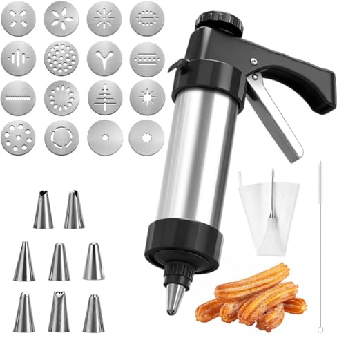 CEWROM Gebäckpresse für Spritzgebäck Edelstahl Spritzgebäck Presse mit 16 Schablonen, 8 Tüllen, TPU-Rahmenbeutel und Reinigungsbürste Plätzchenpresse für Kuchen Dessert DIY Maker Cookie Presse