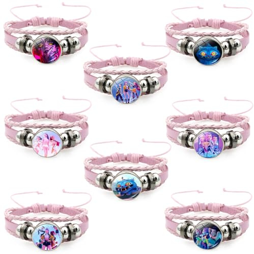 kp0p Demon Hunters Armband für Jungen und Mädchen, 8 Stück Leder Wickelarmband Geflochten,Größenverstellbar Wrap Armreif Schmuck Geschenk Trendschmuck für Freunde (Rosa, Armreif)