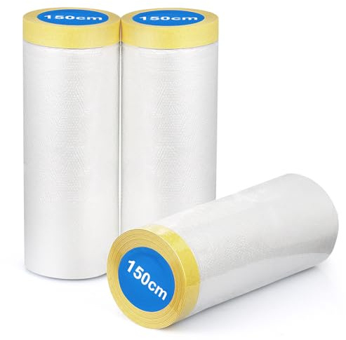 BOMEI PACK 3 Rollen 150cm Abdeckfolie mit Klebeband für Malerarbeiten und Staubschutz