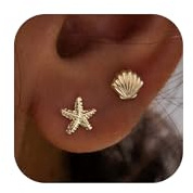 2 Paar 14K Gold Vergoldete Seestern Muschel Ohrringe Stecker Set Damen