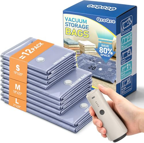 QcoQce Wireless Vacuum Storage Bags with Pump, 12-Pack (2 L/4 M/4 S/2 Bonus),Space Saving Bags for Travel, Moving & Home Organization,Compression Packing Cubes for Suitcase, Closet & Cruise Must Haves