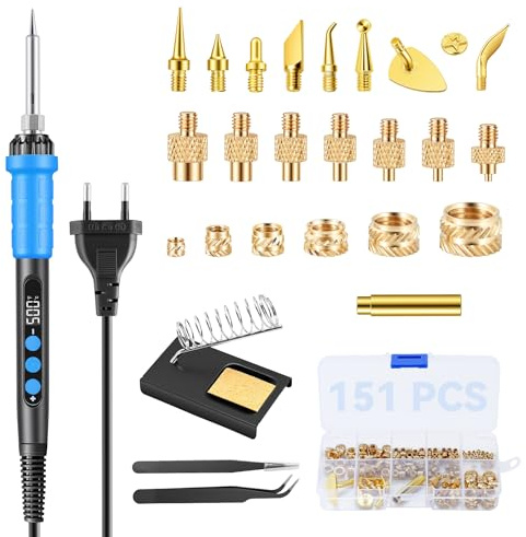BOSYTRO 151 Stück Gewindeeinsatz Lötspitzen Set, 90W Lötkolbensatz digitaler Temperaturregelung, M2-M8 Gewindeeinsatz für 3D Druck, Lötspitzen M2-M8 +Ständer+Pinzette + Maladapterkopf(Blau)