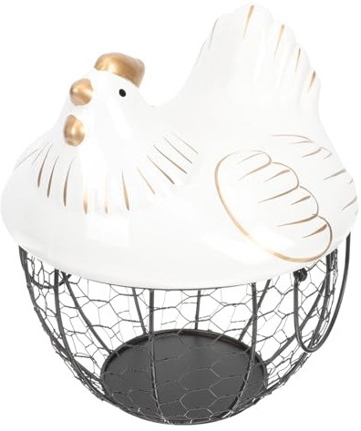 MAGICLULU Cesto Portaoggetti in Ferro Porta Uova Coperchio, Contenitore per Alimenti in Stile Gallina Bianco Dettagli Dorati, Organizer Portatile per Cucina e Conservazione Alimentare