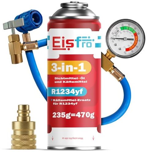 Eisfro - Kit di ricarica climatizzatore auto 3in1 R1234yf – 1x gas 3in1 con tubo e adattatore YF – 235 g